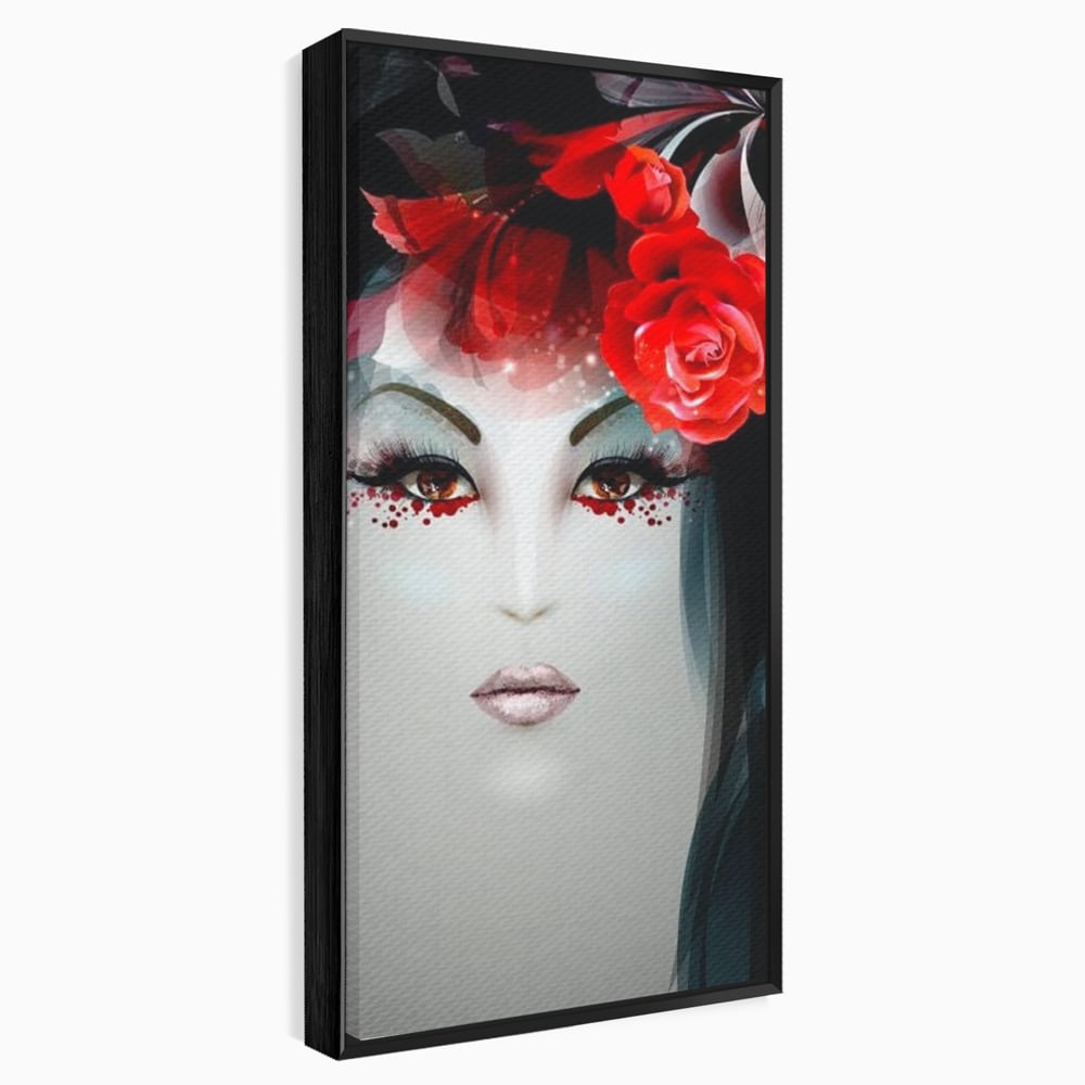 Tablou canvas cu tablou portret feminin cu trandafiri rosii, in rama de aluminiu negru